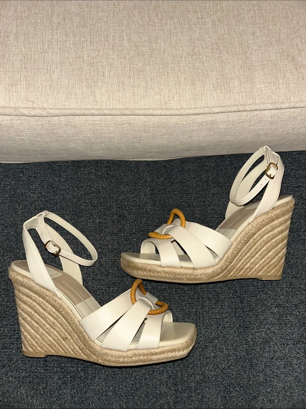 Dolce Vita Ivory Wedge Sandals with Rattan Ring